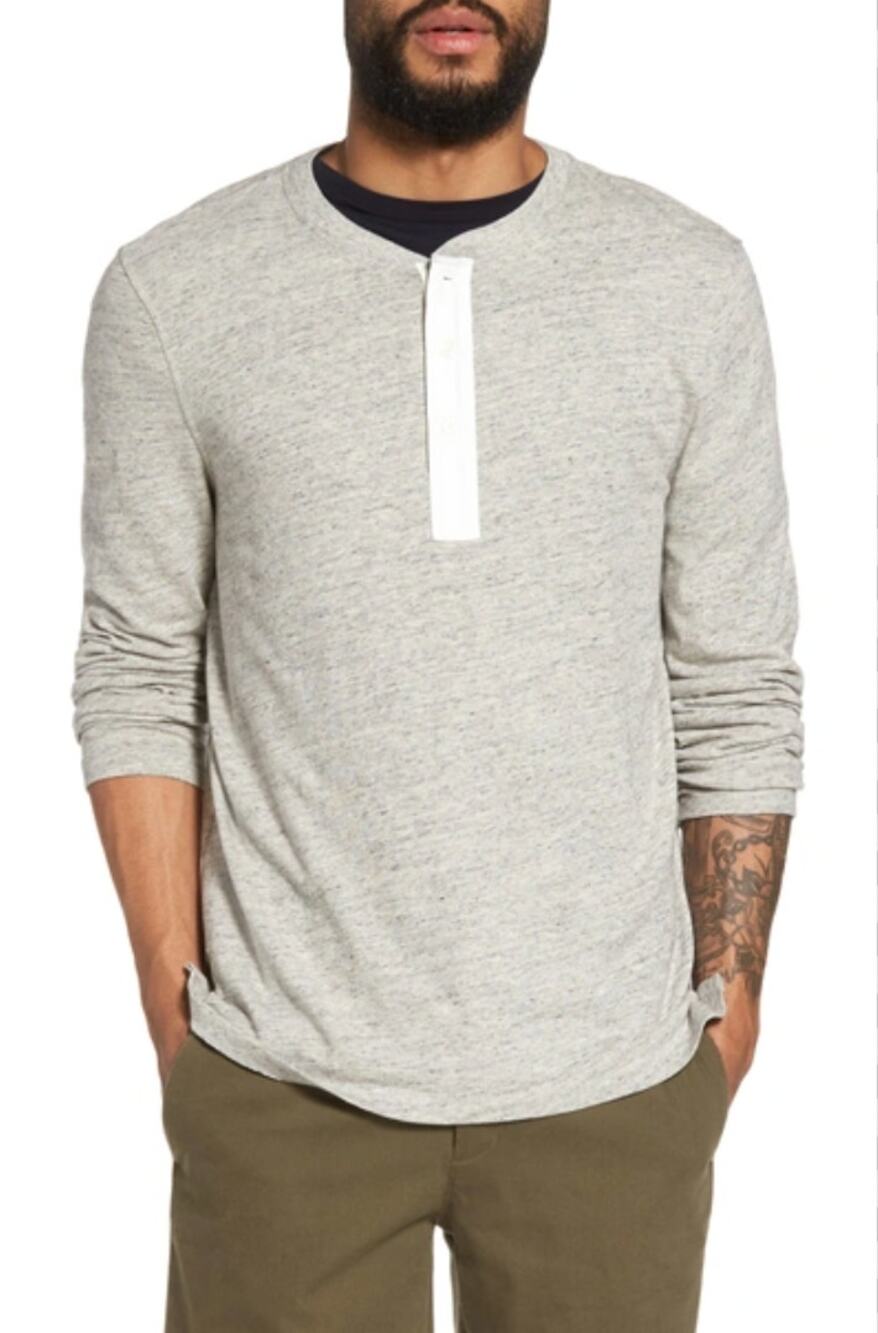 VINCE Military Slim Fit Gray Button Placket Cotton-Linen Blend Pullover Shirt XS